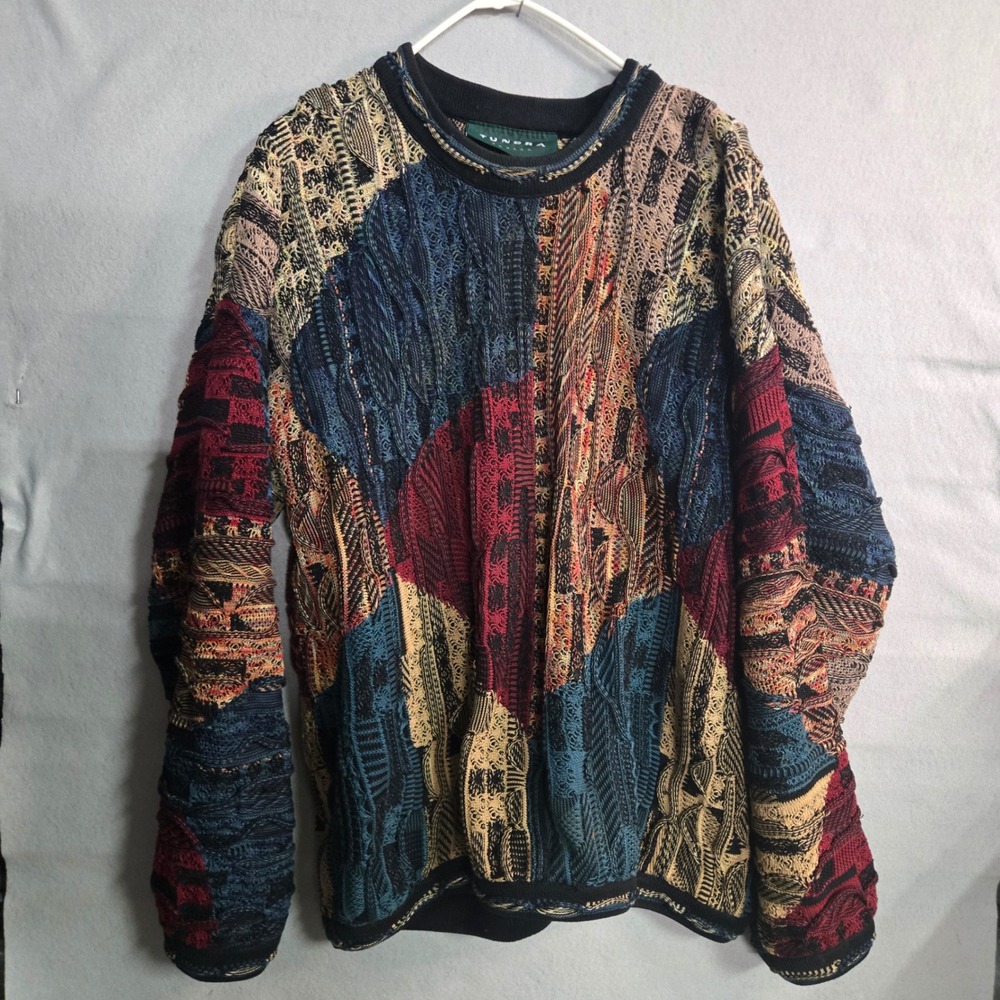 Tundra Canada Vintage 3D Knit Sweater Colorblock Men's Large Cosby Biggie